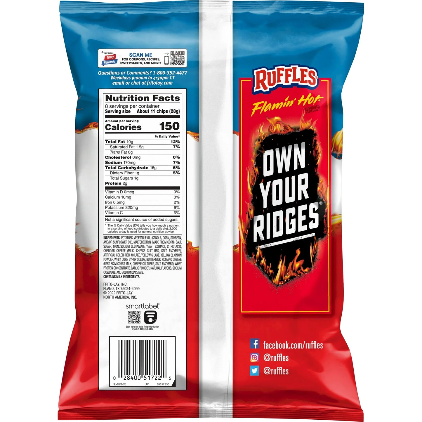 Ruffles Flamin' Hot Flavored Potato Snack Chips, 8.0 oz Bag
