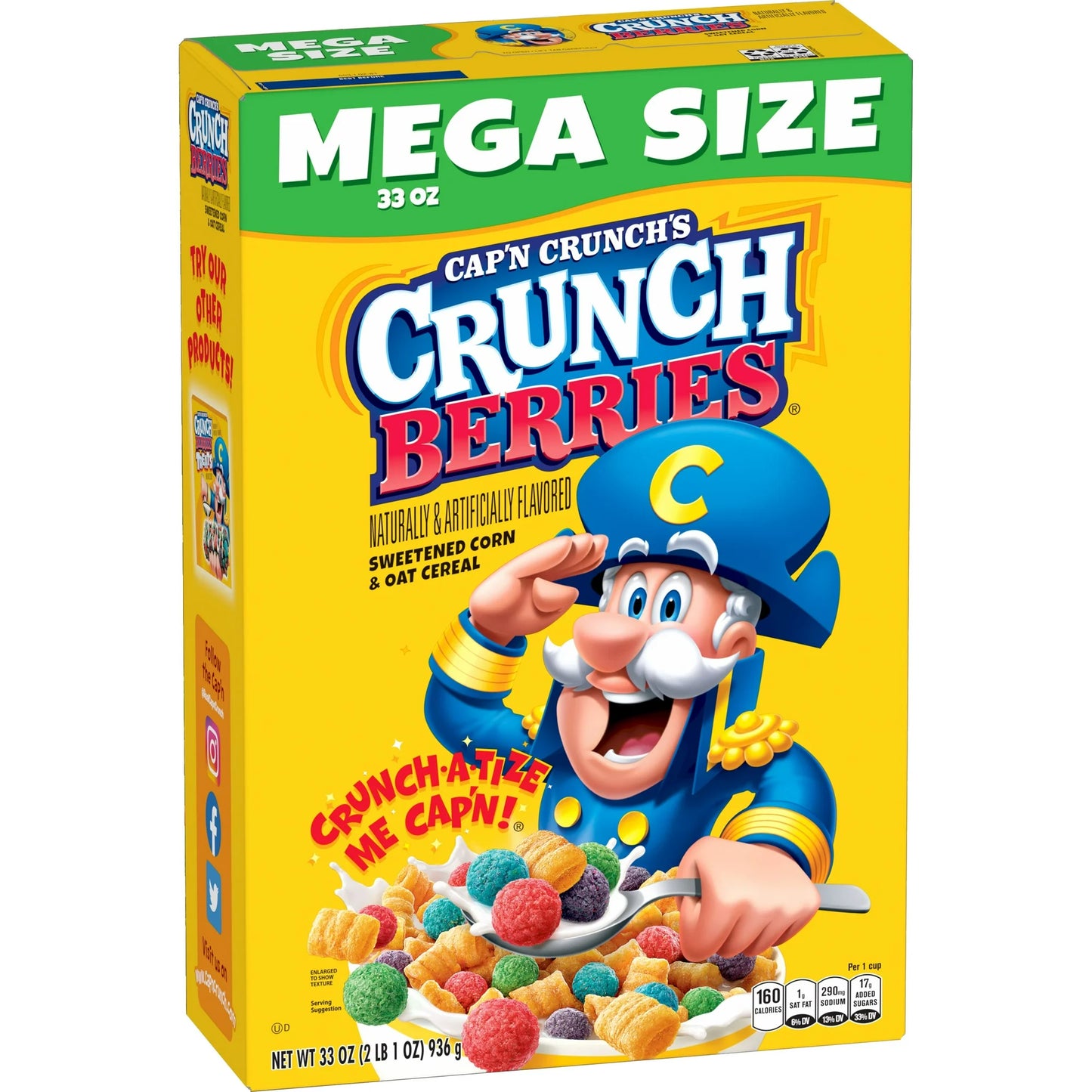 Cap'n Crunch Sweetened Corn & Oat Cereal Crunchy Berries Naturally & Artificially Flavored, 33 oz