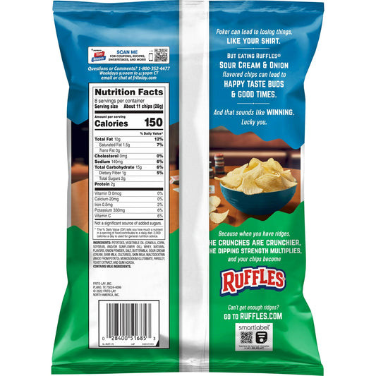 Ruffles Potato Chips Sour Cream & Onion Flavor Snack Chips, 8.0 Ounce Bag
