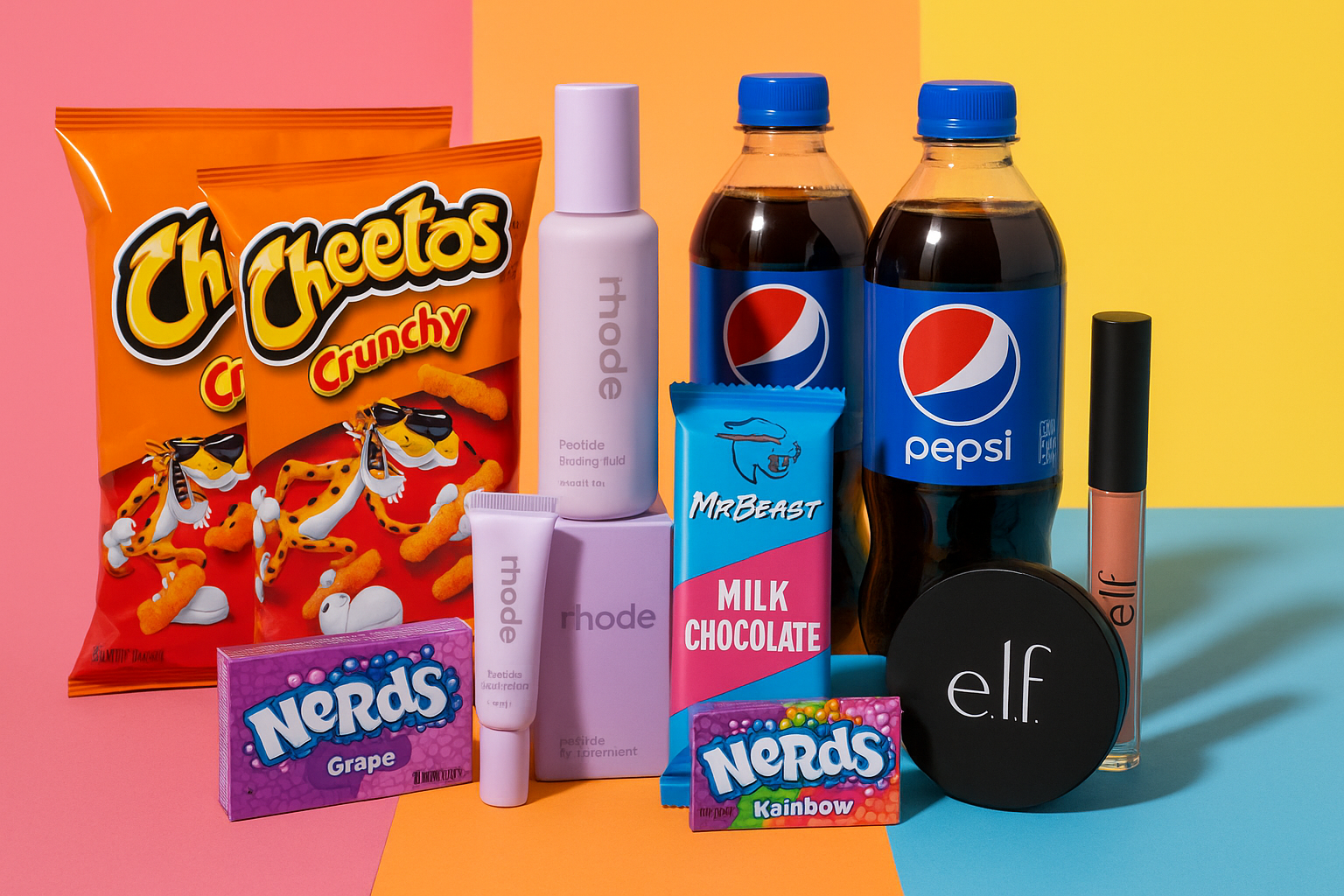 Me puedes generar una imagen donde se vean las marcas cheetos, rhode, mr beast, pepsi, nerds, e.l.f.
